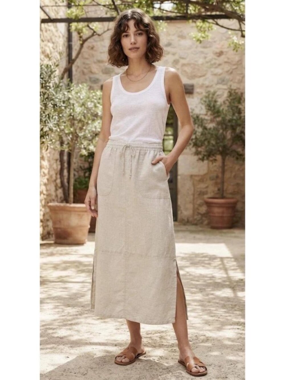 GARNET HILL Easy Linen Pull On Midi Skirt in Tan Beige Size 14